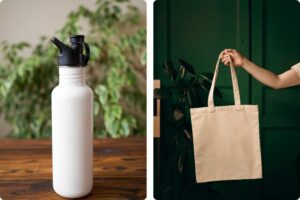 tote bag, water bottle, green